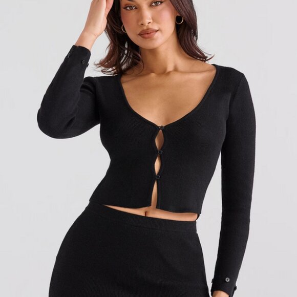 House of CB Blanche Black Faux Fur Trim Cropped Cardigan Medium New With Tags - Picture 16 of 17